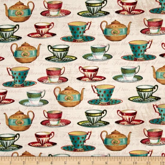 Teacups Teapot Cotton Fabric from Teapot Flora Collection by