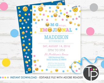 EMOJI Invitation, INSTANT DOWNLOAD Emoji Invitation, Emoji Party, Emoji Party Invitation, Emoji Printable, Edit yourself with Adobe Reader