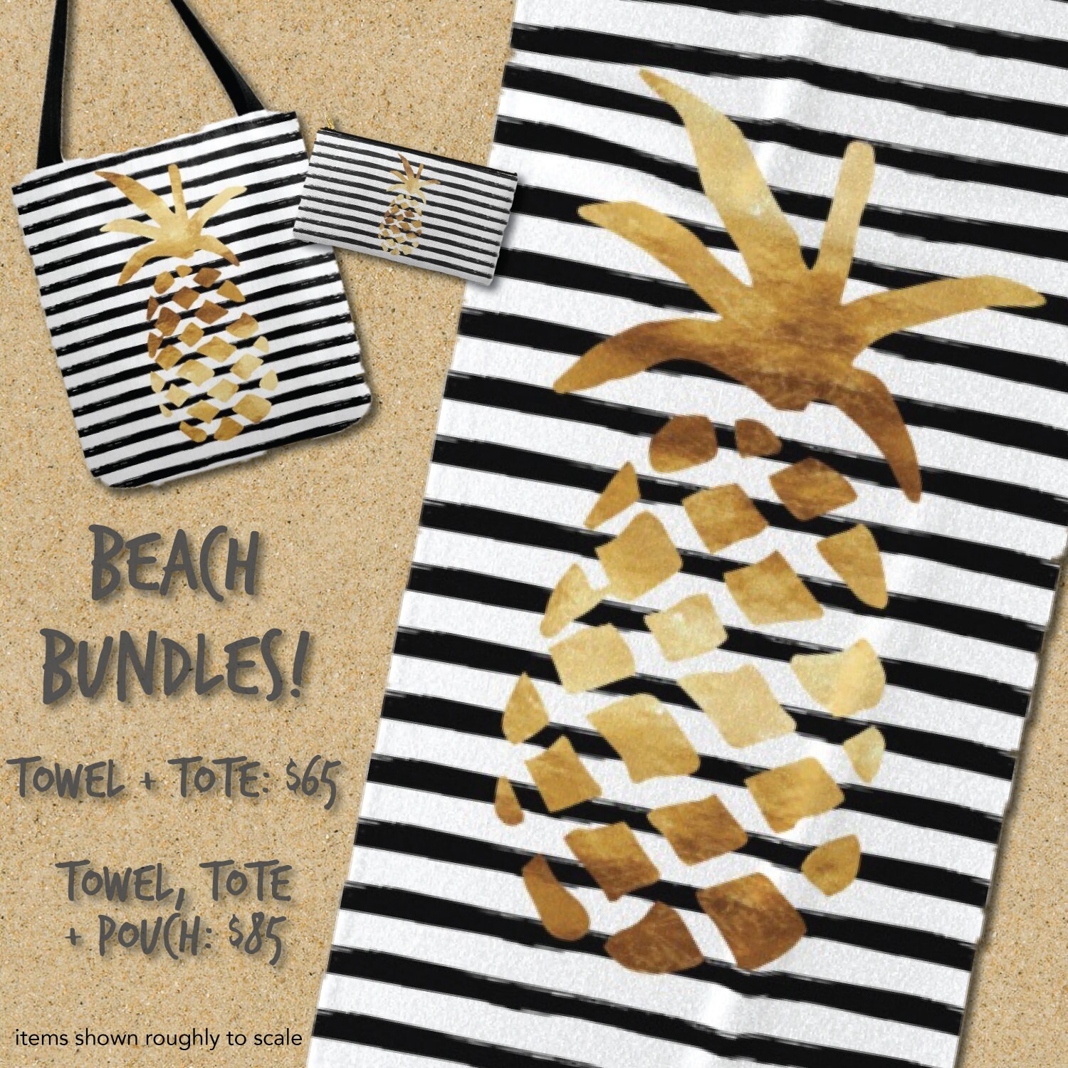 Oversized Beach Towel Pineapple and Stripes Gold Black and