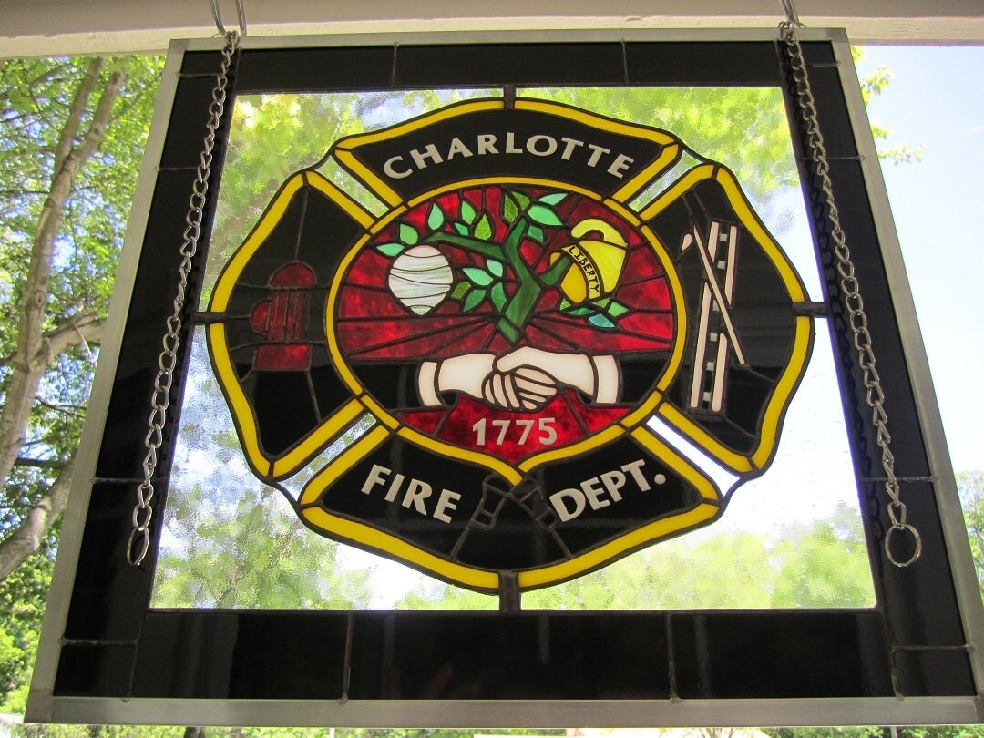 Personalized stained glass fire department by RavenRockGlass