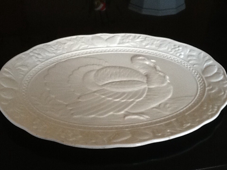 Large vintage embossed ceramic Turkey platter for Thanksgiving. Vintage