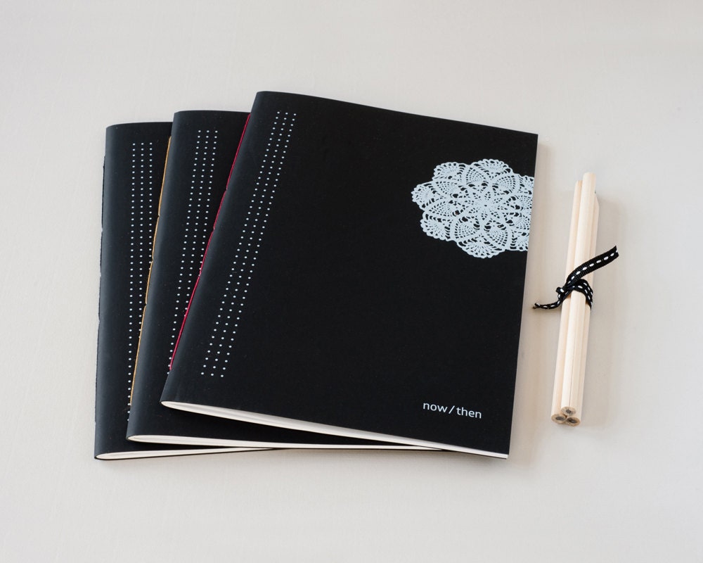 Black Cover Notebook White Print on Black Hand Stitched