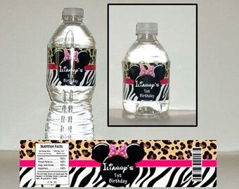 Printable Pink Minnie Mouse water bottle label Zebra and Cheetah