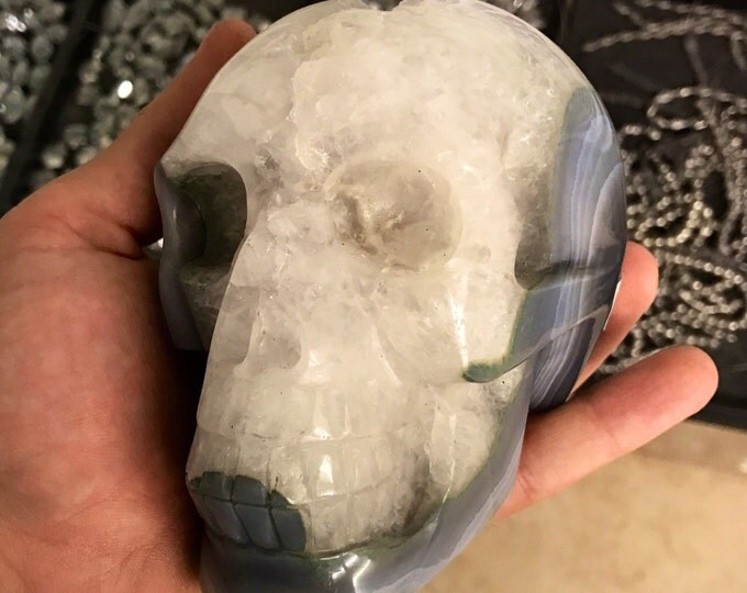 Blue Lace Agate & Quartz Crystal Skull- High Quality from Brazil- Open Top to see Crystal Points Crystal Skull / Home Decor / Stone Skull