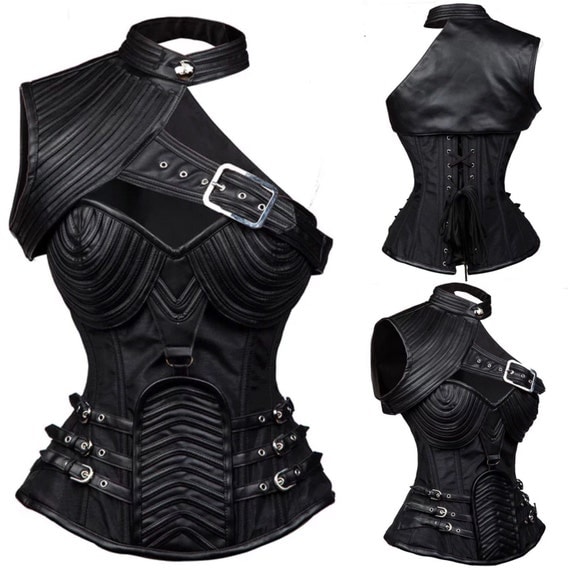 Satin & Leather Steel Boned Steampunk Corset Plus Size Burlesque Costumes Armor Bustier Top With Shoulder Bolero Renaissance fair outfit by BiCibeads steampunk buy now online