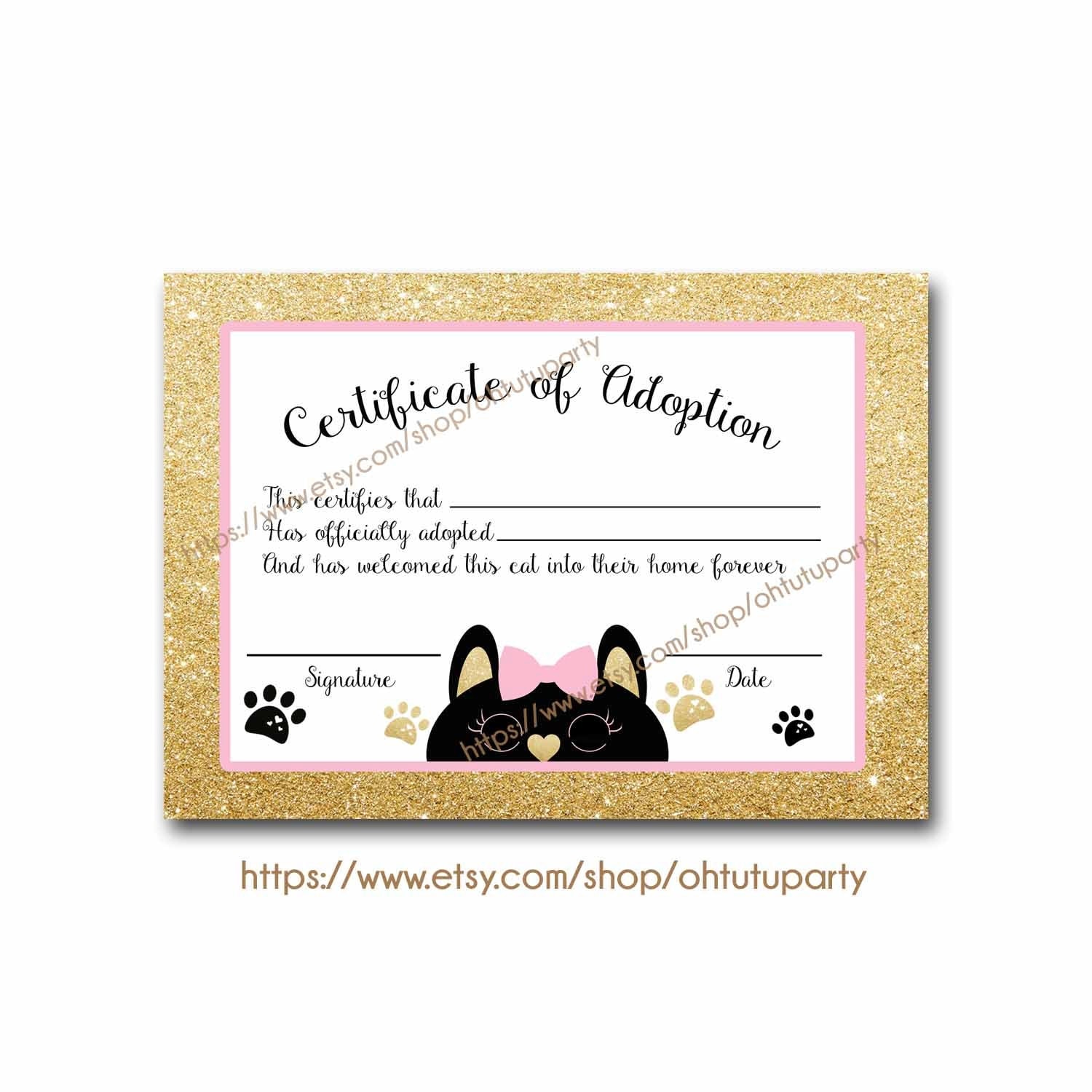 Cat Adoption Certificates Certificate of adoption Instant