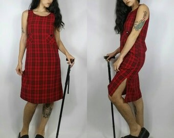 Vintage 1990s Red Plaid Grunge Button Midi Shift Dress size S (bust 36")
