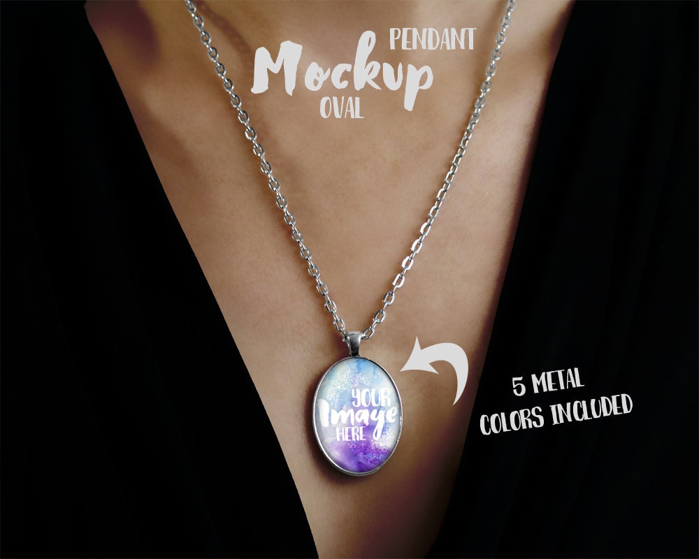 Oval pendant template mockup with rolo chain | Necklace around neck