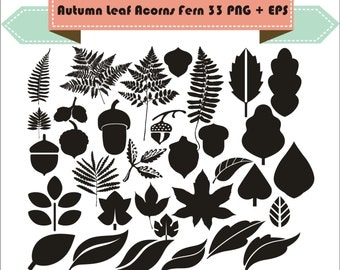 Autumn Leaf Acorns Fern Plant Four Leaf Clover Clipart Silhouette Vector Clipart PNG EPS Digital Files Scrapbook Supplies Instant Download