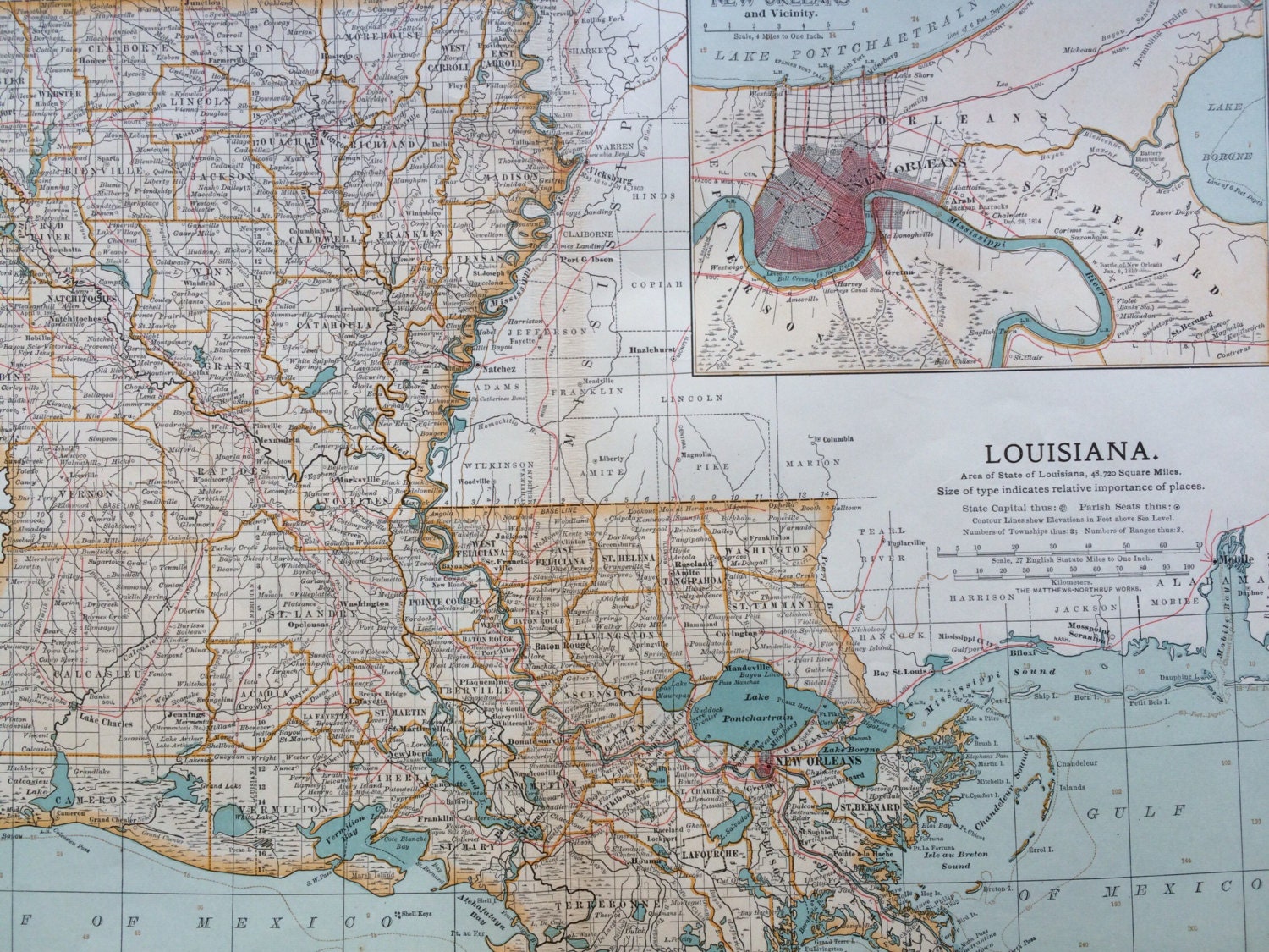 1903 Louisiana Original Large Antique Map US State Map LA Wall