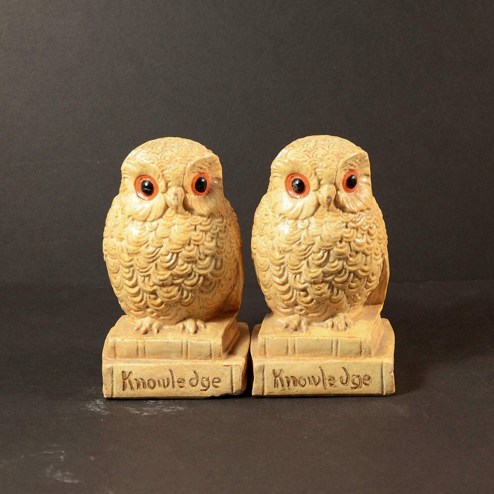 Vintage Wise Owl Bookends Glazed Ceramic Chalkware Retro 70s