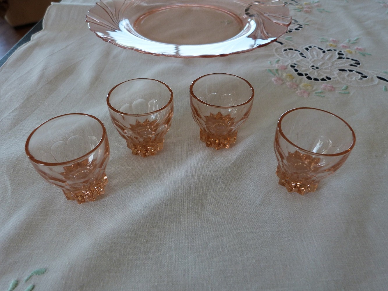 Four Vintage pink depression glass shot glasses made in