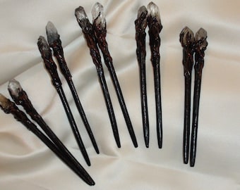 2 Wizard's Staff Hair Sticks (matched set) Sir William W. Real Quartz Crystal or Amethyst 7 1/4 inch Magic Wand