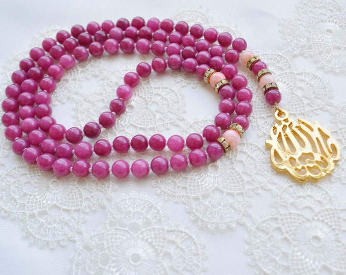 Allah purple jade golden tespih, ruby color beads, silk sibha, misbaha, eid dikr beads 99 count doa sibha, Misbaha, Tesbih, Tasbih, 99 asma