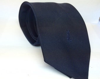 Vintage silk tie by YSL Yves Saint Laurent Paris New York Solid navy