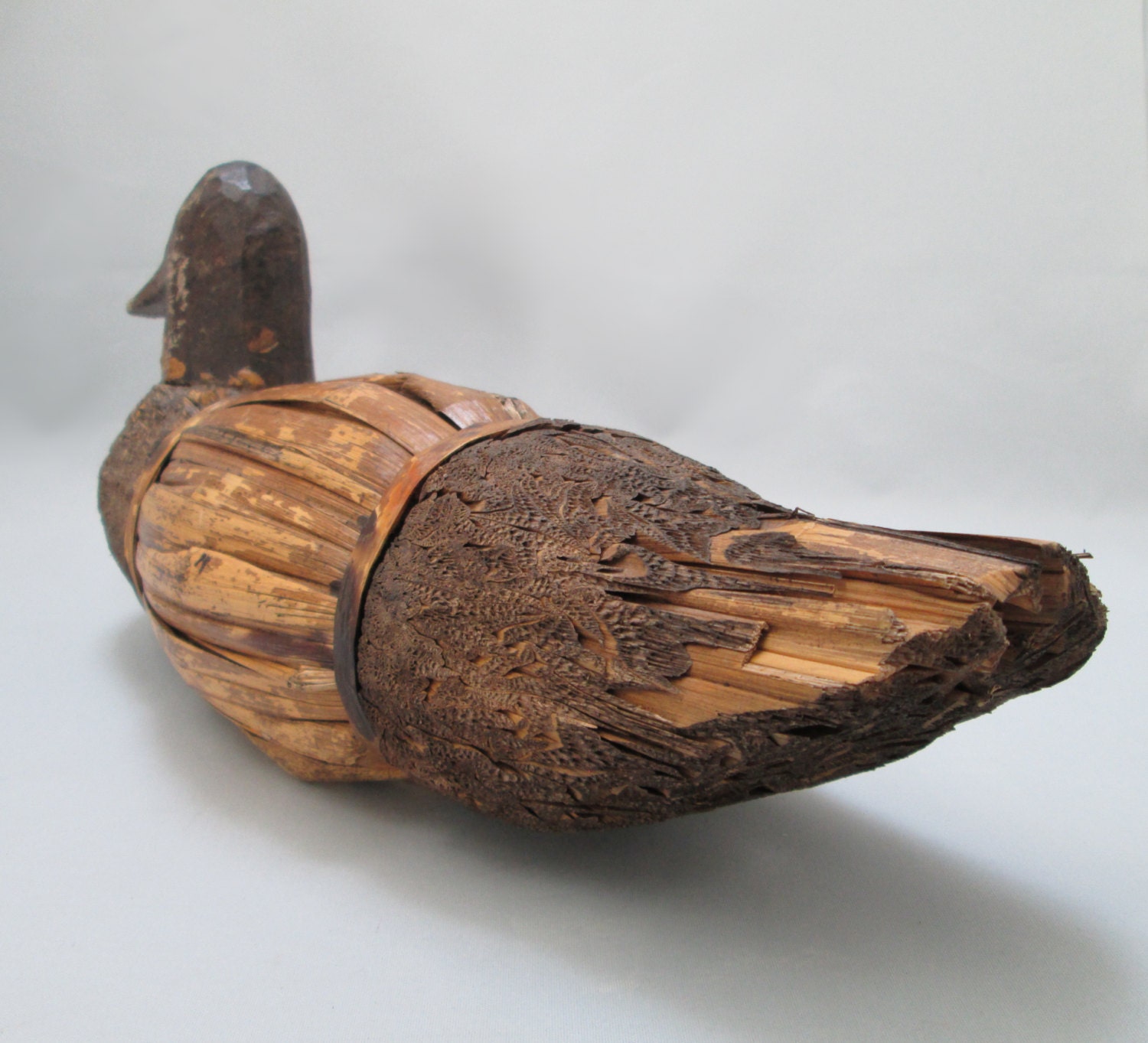 Antique Native American Duck Decoy Hand Carved Wood and Reeds