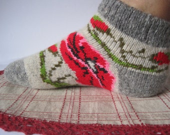 Pattern Red Poppies. Nordic Beautiful knitted of high quality Angora wool socks for women. EU-37-39/ US- 7-9 Soft, warm and very comfortable