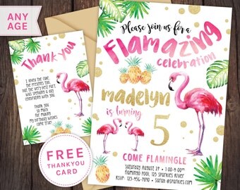 Flamingo invitation, Flamingo party, pool party, pool party invitation, First birthday invitation, pink gold invitation, glitter invitation