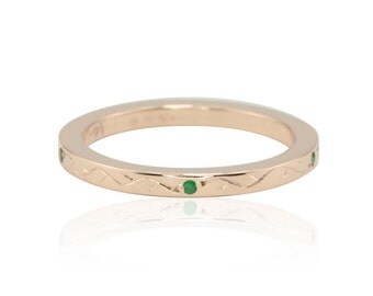 Rose Gold Wedding Band - 40% off - OBO - Hand Engraved Vine Ring in Rose Gold with Bezel set Emeralds - On SALE from Laurie Sarah - LS3131