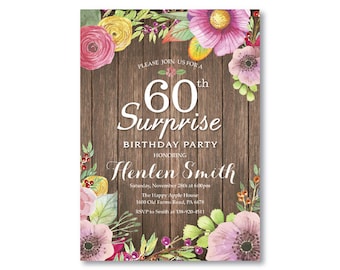 Surprise 60th Birthday Invitation for Women. Rustic Birthday. Watercolor Floral Flower. Pink Purple Yellow. Any Age. Printable Digital.