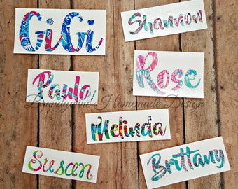 Lilly Pulitzer Inspired Vinyl Name Decal, Car Decal, Name Decal, Yeti Cup Decal, Name Sticker, Personalize Your Stuff, Laptop Name Decal