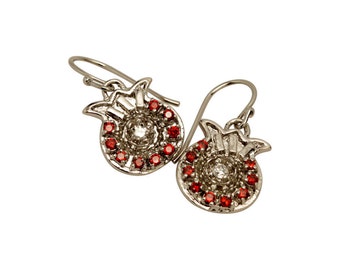 Pomegranate Earring with Garnet & Zircon stones Rhodium Plate Jerusalem Judaica Women Gift
