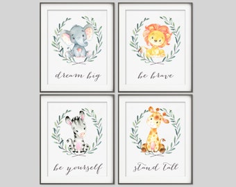 Watercolor Safari Nursery Art, Safari Animal Prints, Baby Animals, Safari Nursery Decor Elephant Giraffe Lion Zebra, Be Brave, Dream Big