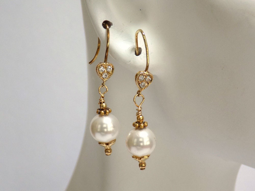 Gold Drop Earrings White Pearl Earrings Rhinestone Earrings