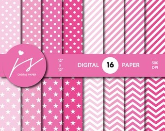 Pink digital paper, Pink scrapbooking paper, Pink polka dots, Pink stripes, Pink stars, Pink chevron, Pink digital patterns, MI-538