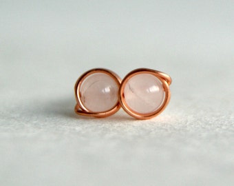 4mm Rose Quartz & Copper Stud Earrings, Gemstone Earrings, Copper Earrings, Boho, Hippie, Delicate, Metaphysical Jewelry, January Birthstone