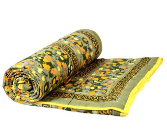 Indian Hand Block Printed Green Color King Size Quilt Floral Design Size 90x108