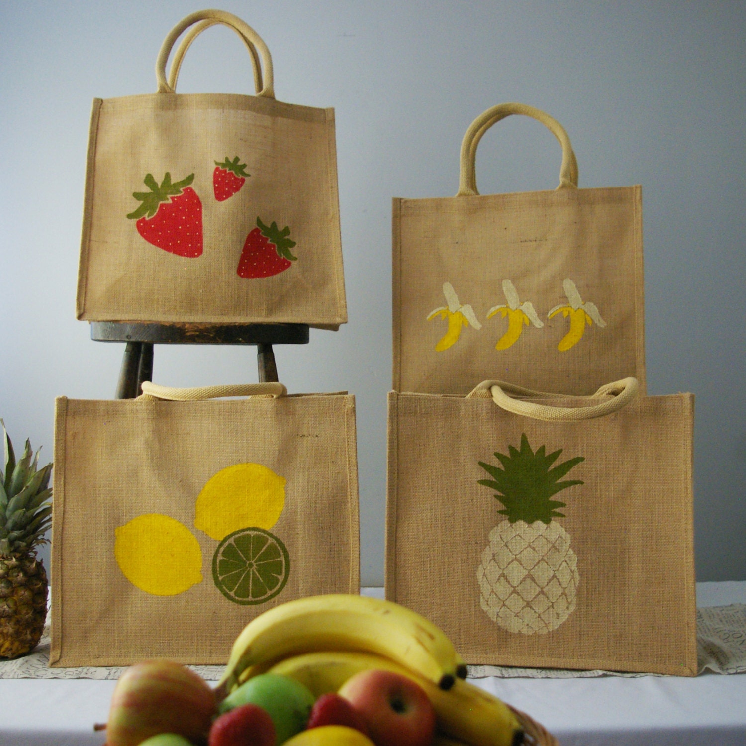 Set of 4 Fruit Jute reusable shopping tote Large. Hand