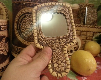 Exquisite mirror made of birch bark. Handmade.