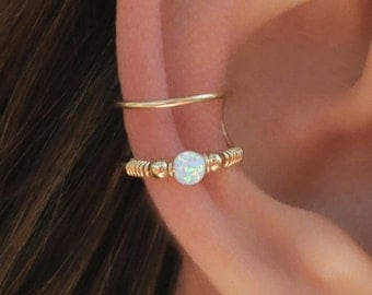 DOUBLE WRAP CUFF, White Opal Ear Cuff, Ear Cuff, Fake Piercing, No Piercing, Double Cuff, Cartilage Cuff, Cuff