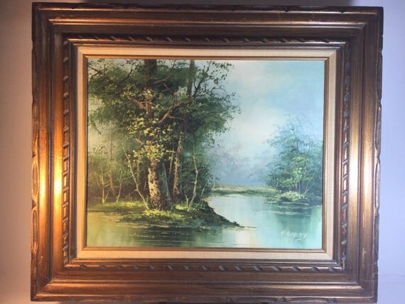 H. Gailey vintage oil painting. Landscape trees lake blue