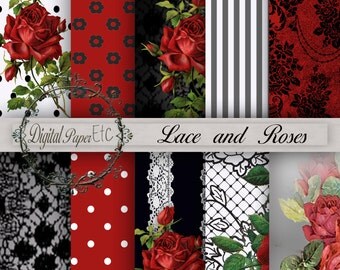 Digital Roses and Lace: Digital Red, White and Black Digital Papers, Decoupage, Scrapbooking Paper, Digital Sheets P 80A