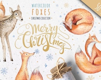 Foxes Watercolor Christmas Clipart, merry christmas clip art, fox new year winter watercolor,holly jolly holidays, christmas digital clipart