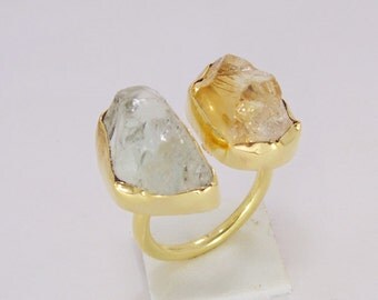 Raw Citrine Ring - Gold Plated Ring - Birthstone Ring - Green Amethyst Ring - Gemstone Stack Ring - Adjustable Ring - Gift For Women