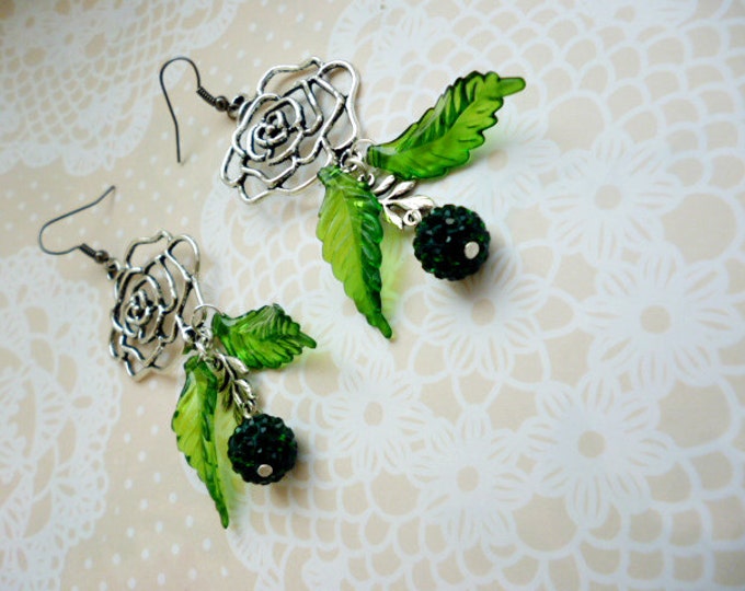 Long Dangle Earrings rose flower Jewelry Silver Green Emerald Earrings Modern Earrings Bohemian Chic Earrings Leaves Earrings Gift For Her