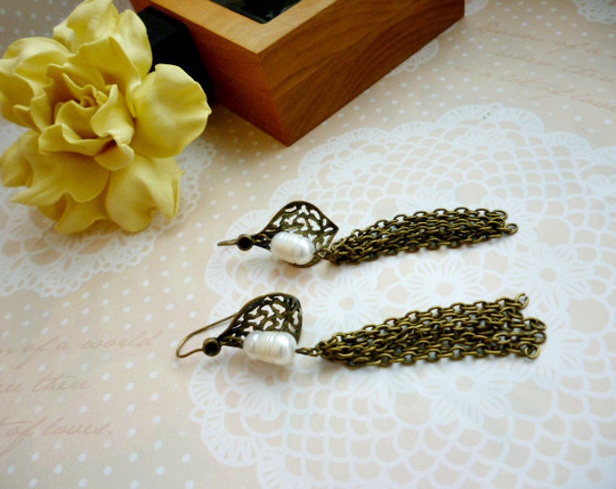 Tassel Earrings Simple Dangling Chain Tassel Earrings Pearl holiday Bronze Chain Tassel Gift for Wife Christmas mothers fringe earring pearl