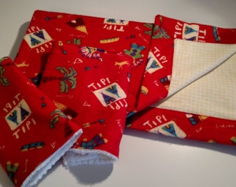 Baby Blanket, Baby Boy, Burp Cloths Indians and Teepees Flannel and Cotton Baby Blanket with 2 matching burp cloths!