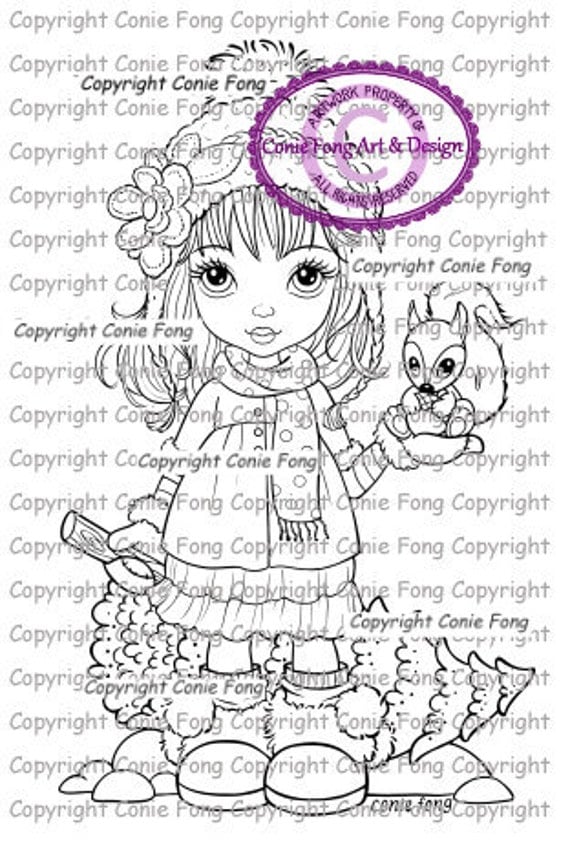 Digital Stamp, Digi Stamp, digistamp, Sally and Little Squirrel Revised by Conie Fong, Christmas, Girl, squirrel, children, coloring page