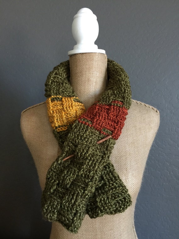 BASKETWEAVE Crocheted Scarf Neck Warmer Shawl Olive Gold