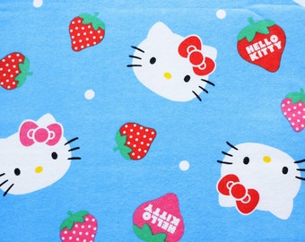 Sanrio Fabric, Hello Kitty Fabric, Hello Kitty Flannel, Flannelette, Cotton, Retro Clasic Blue, Hello Kitty and Strawberry, Blanket, 1 Metre