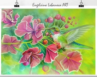 Pencils,Drawing,Realistic colored pencil drawing techniques.Fashionable bird in bright colors - Hummingbird