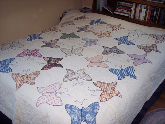 Handmade Antique Cotton Butterfly Quilt 86x76