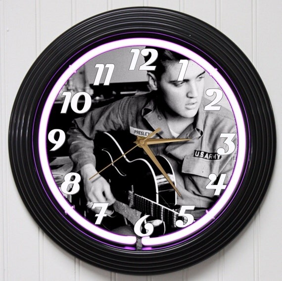 Elvis Presley Black Wall Clock With Purple Neon by NaplesCat