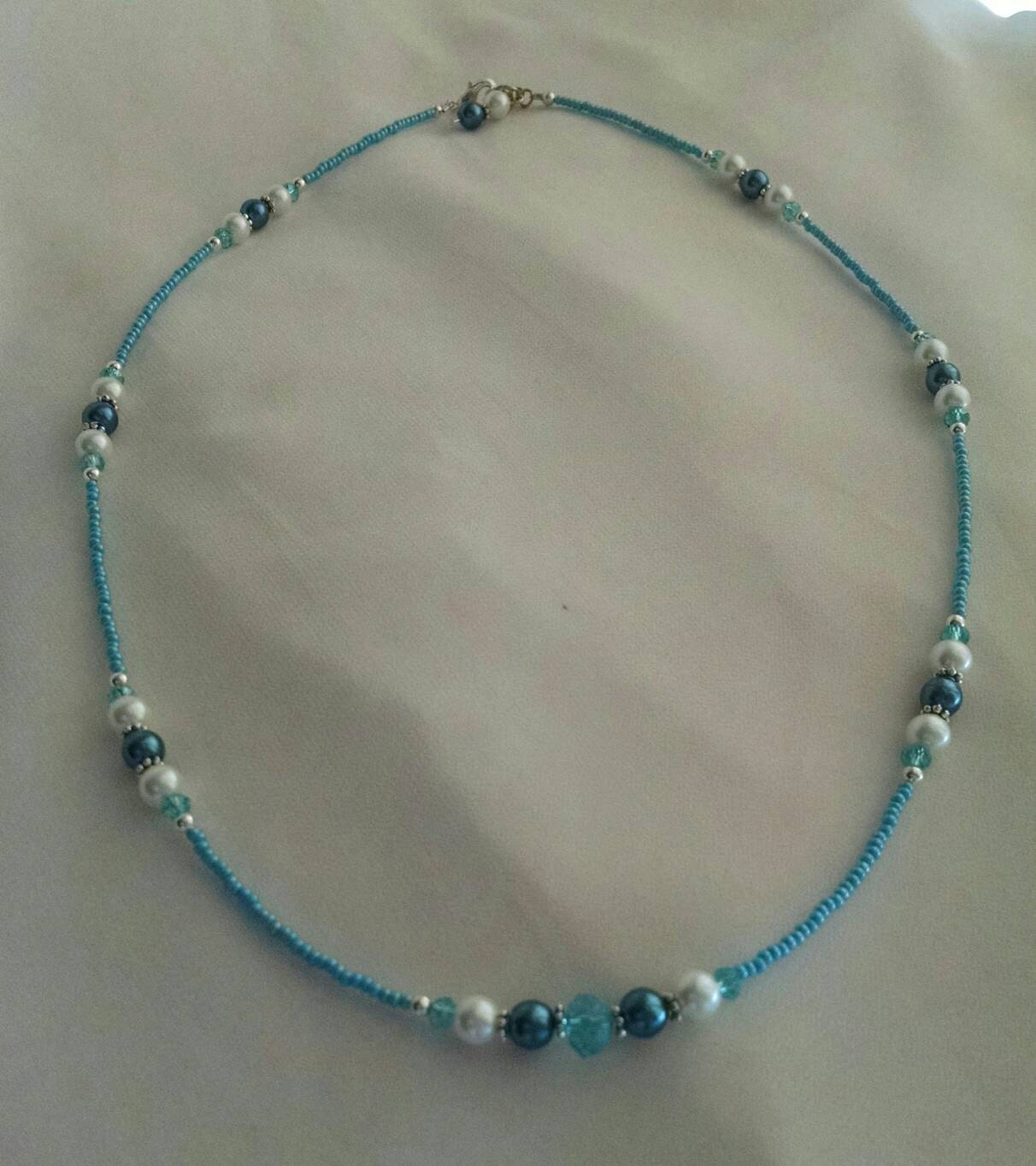 Handmade 23 Blue Seed Beaded Necklace with White and