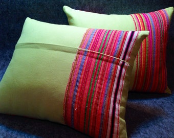 Green pillow, Decorative Cushion Cover, Handmade apple green cotton and vintage Hmong textiles