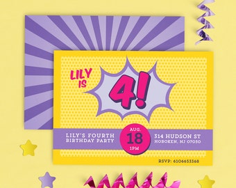 Girls Super Hero Invitation, Super Girl Birthday Invitation, Comic Book Invitation Girl, Girl superhero invitations, PINK Superhero Invite